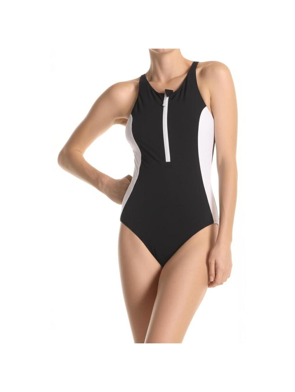 NWT FABLETICS Womens S Black White High Tide Zip Front One-Piece Athletic